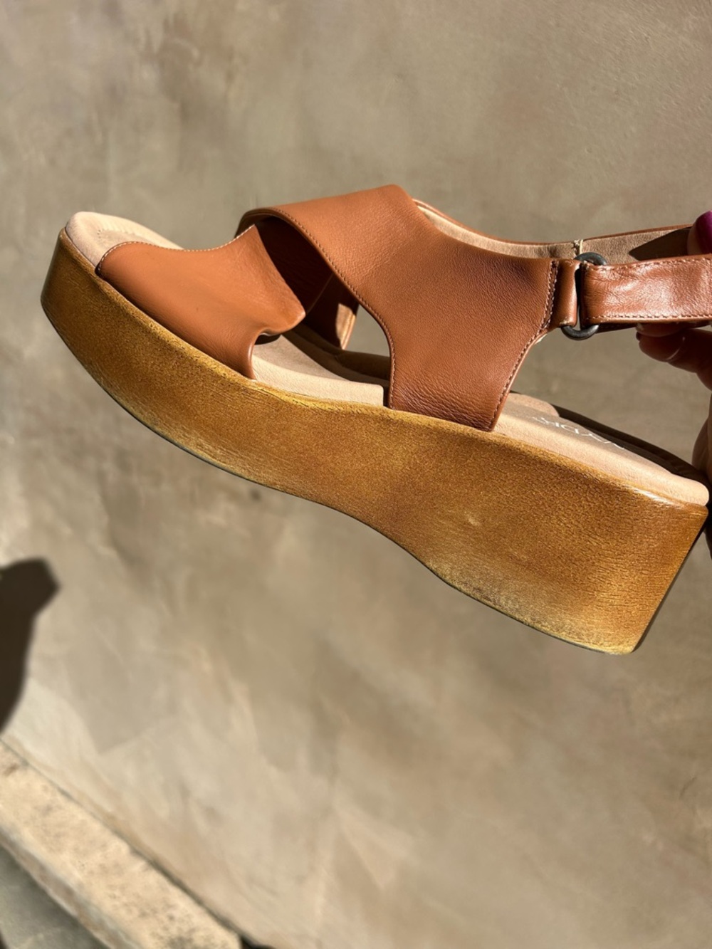 Women's Tan Leather Platform Sandals with Buckle Strap